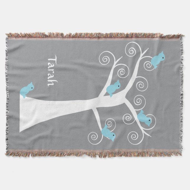 Couverture Arbre Spirale Blanc Fantaisiste avec Oiseaux Bleus (Devant)
