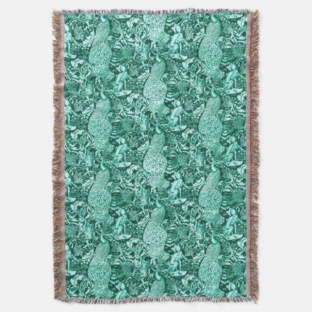 Couverture Art Nouveau Peacock Print, Turquoise et Aqua (devant Vertical)
