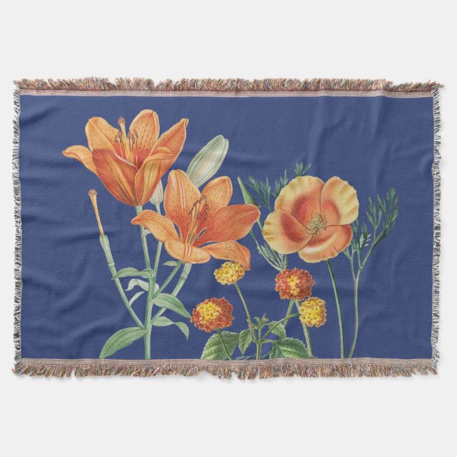 Couverture Automne Aquarelle d'automne Orange Floral Bleu (Devant)