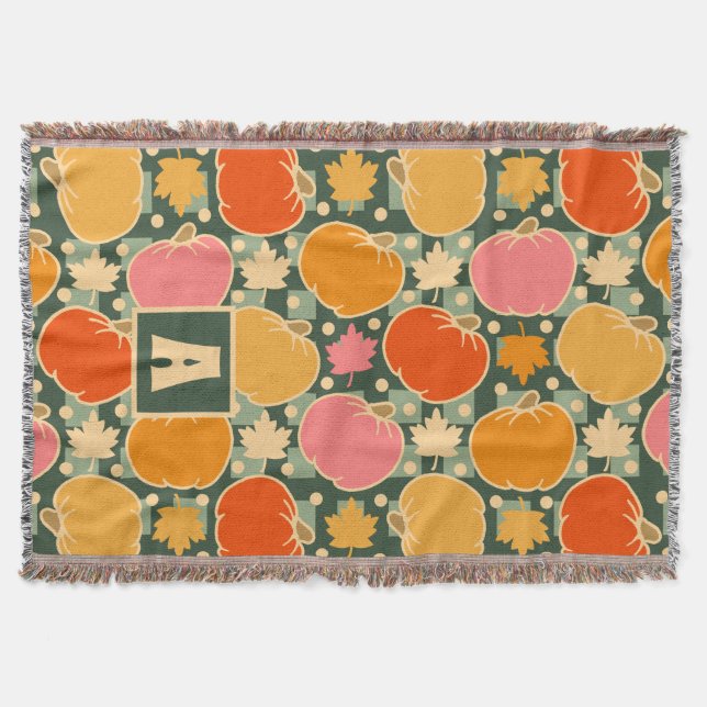 Couverture Automne Fleurs et Citrouilles Boho Green Plaid (Devant)