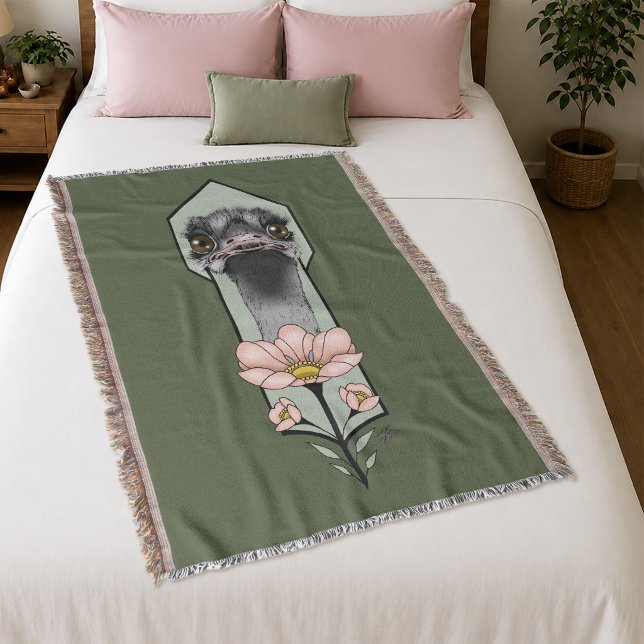Couverture Autruche Rose Fleurs Vert Olive Art Déco (Créateur téléchargé)