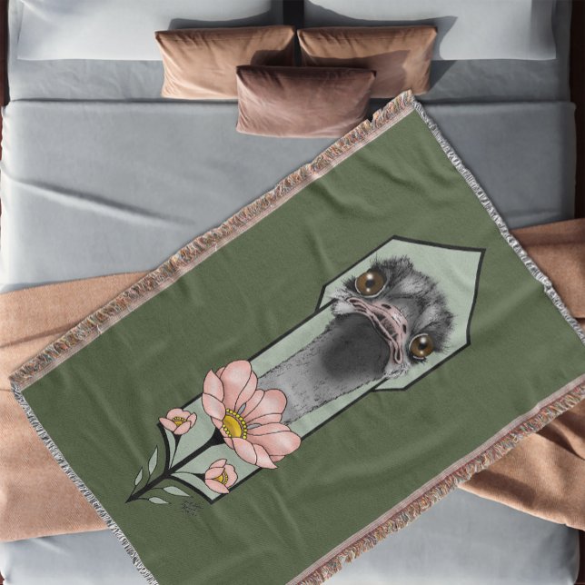 Couverture Autruche Rose Fleurs Vert Olive Art Déco (Créateur téléchargé)