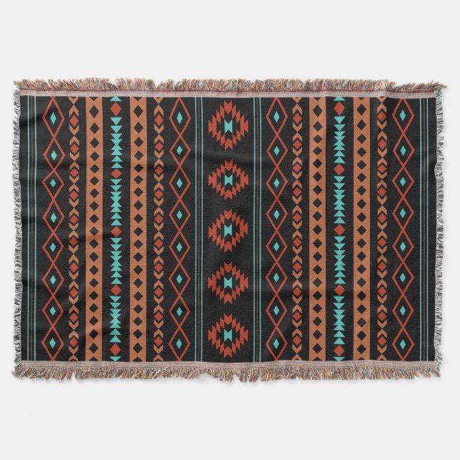 Couverture Aztec Rusts Turquoises Noir Motifs Mixtes V Motif (Devant)
