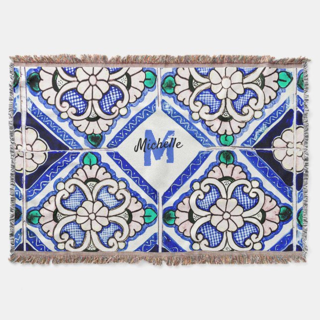 Couverture Azulejo Motif espagnol Carreaux marine Monogramme  (Devant)