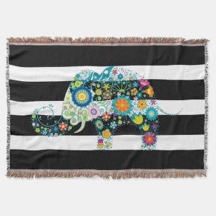 Couverture Bandes noires et blanches Retro Eléphant Floral