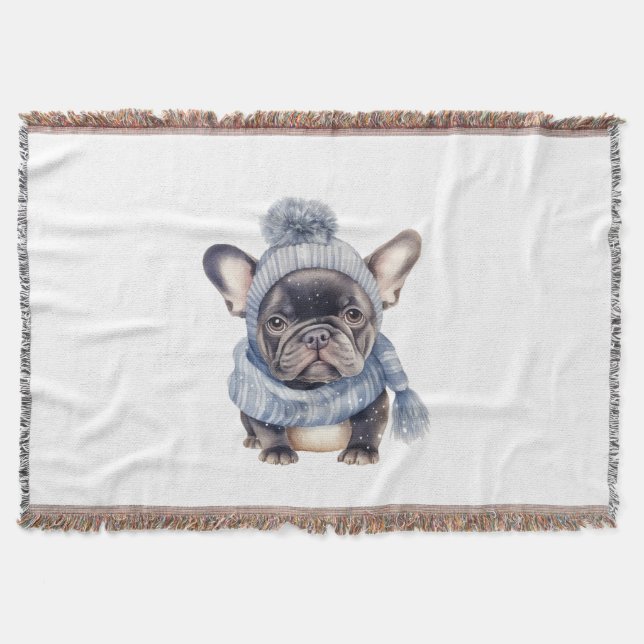 Couverture Bébé Bouledogue d'Hiver en Casquette et Écharpe Bl (Devant)