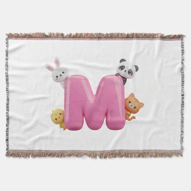 Couverture bébé lettre M rose 3D avec des animaux (Devant)