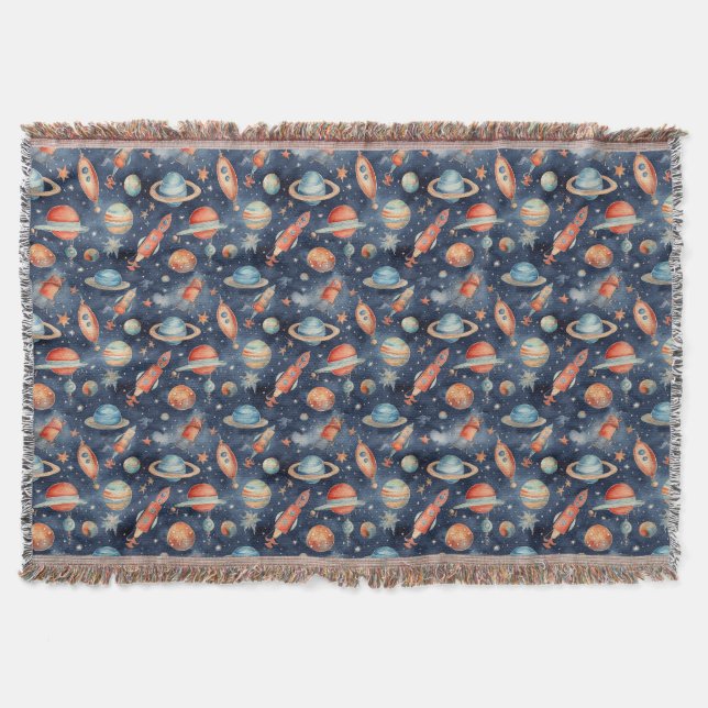 Couverture Bébé mignon Espace Planète Aquarelle Bleu Orange (Devant)