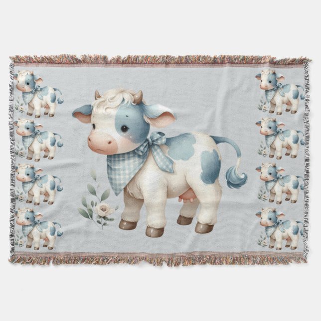 Couverture Bébé Vache Gingham Bleu Pastel Esthétique Ferme (Devant)
