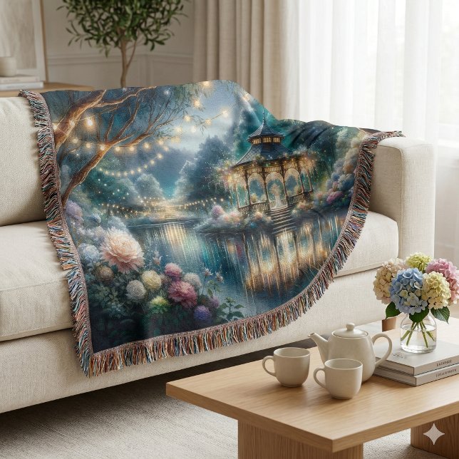 Couverture Belvédère du jardin enchanté, reflet du crépuscule (Enchanted Garden Gazebo Twilight Reflection Throw Blanket On Living Room Sofa)