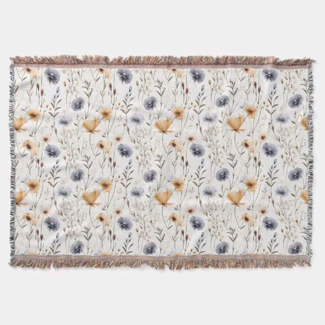 Couverture Bleu Gris Beige Marron Blanc Boho Fleurs Botanique (Devant)