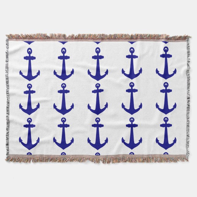 Couverture Bleu Marine Sur Blanc Décor Côtier Ancre (Devant)