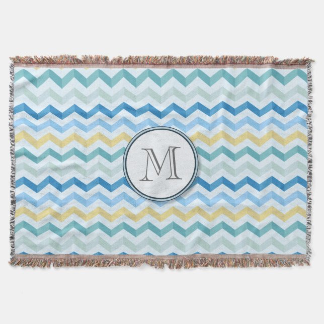 Couverture Blue Ocean Shore Chevron Stripes avec Monogramme r (Devant)