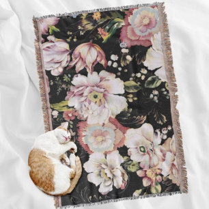 Couverture bohème chic rose pâle fleurs sombres floral