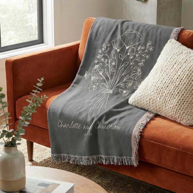 Couverture Boho Flower Line Art Drawing Monogrammed Wedding  (Créateur téléchargé)