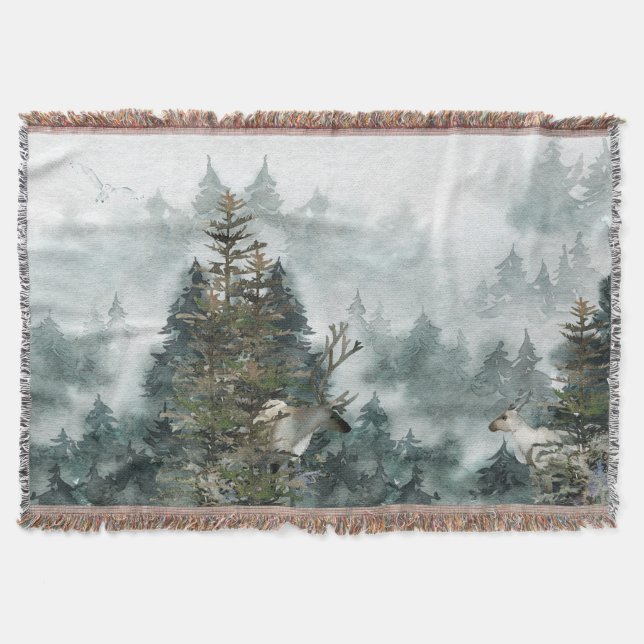 Couverture Bois d'hiver Foggy Mountain Forest Staer Deer The (Devant)