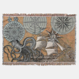 Couverture Boussole Rose Vintage Nautique Octopus Ship