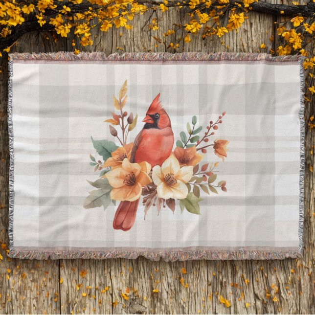 Couverture Cardinal d'aquarelle avec Fleurs d'automne et Plai (Cardinal floral plaid throw blanket)