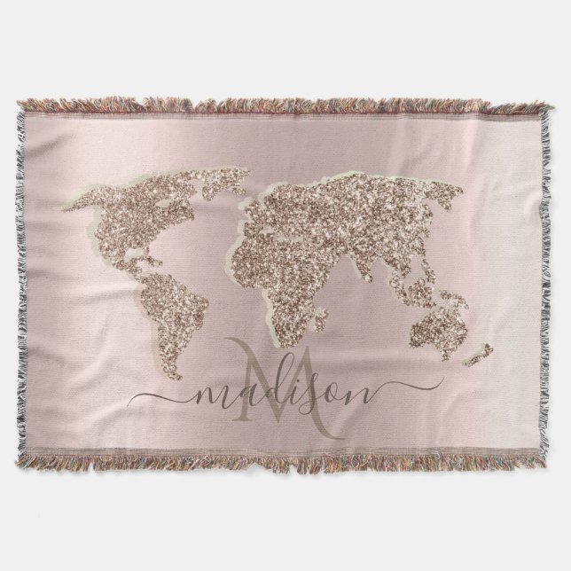 Couverture Carte du monde pailletée Voyage Rose Gold Monogram (Devant)