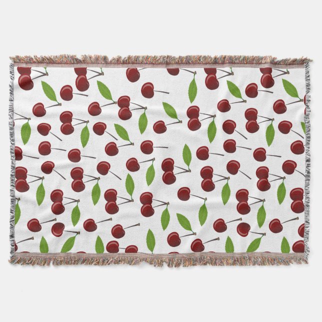 Couverture Cerise Rouge, Motif De Cerises, Feuilles, Fruits (Devant)