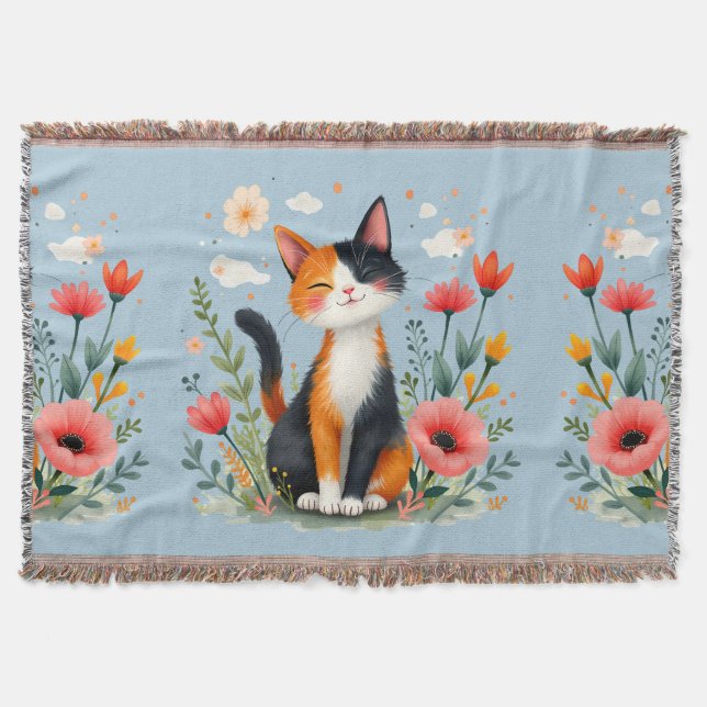 Couverture Chat calicot souriant dans un jardin en fleurs (Devant)