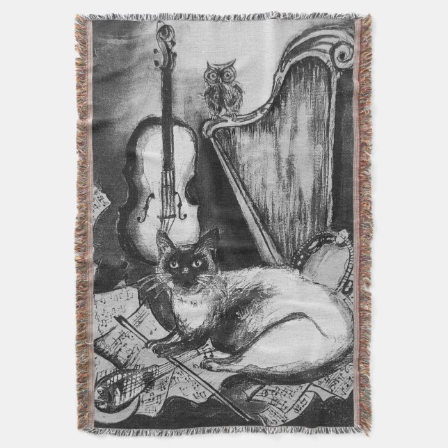Couverture CHAT MUSICAL, OWL, VIOLIN, HARP Black White Grey M (devant Vertical)