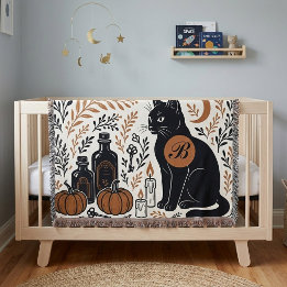 Couverture Chat noir mystique croissant de lune monogramme bo