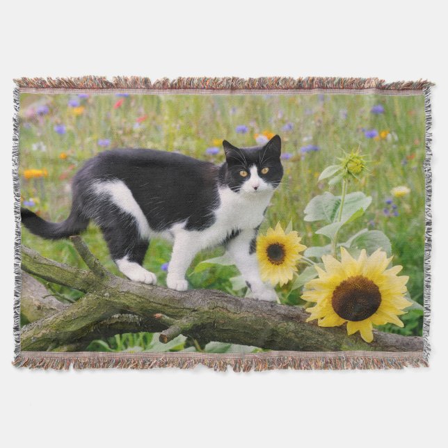 Couverture Chat tuxedo mignon sur une branche d'arbre avec de (Devant)