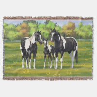 Chevaux De Peinture De Pinto Noir En Pâturage Été