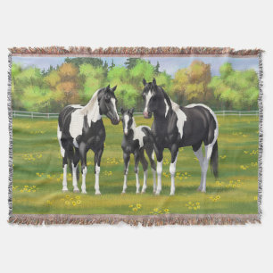 Couverture Chevaux De Peinture De Pinto Noir En Pâturage Été