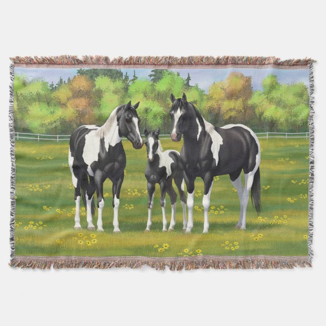 Couverture Chevaux De Peinture De Pinto Noir En Pâturage Été (Devant)