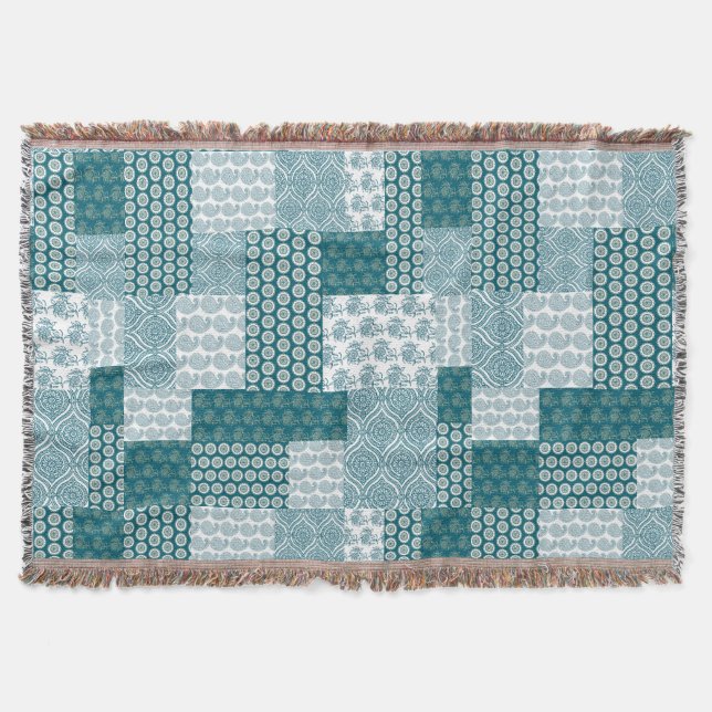 Couverture Chic ethnique Faux Patchwork Motif, Turquoise et b (Devant)