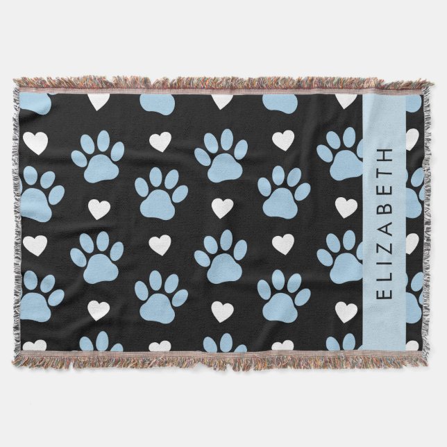 Couverture Chien Paws, Blue Paws, White Hearts, Votre Nom (Devant)