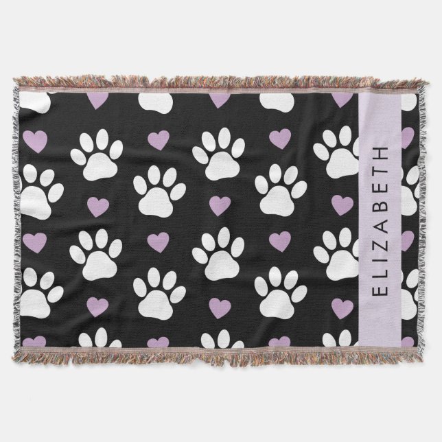 Couverture Chien Paws, White Paws, Lilac Hearts, Votre Nom (Devant)