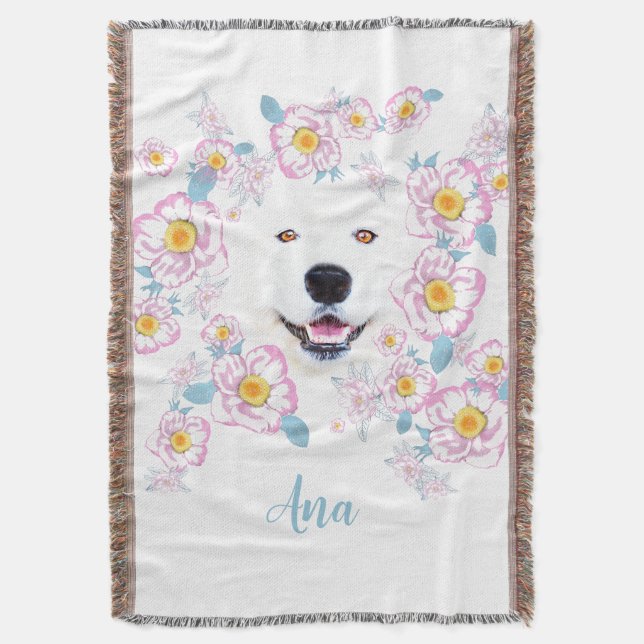 Couverture Chien Samoyé et fleurs roses (devant Vertical)