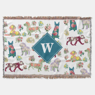 Couverture Chiens Motif et Vintage Aquarelle Fleurs Monogramm