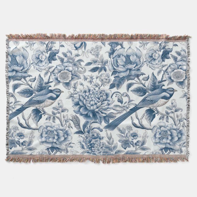 Couverture Chinoiserie Bleu et Blancs Fleurs Oiseaux (Devant)