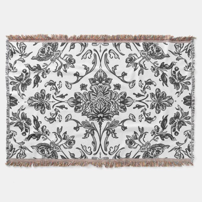 Couverture Chinoiserie Florale Aquarelle Noir & Blanc (Devant)