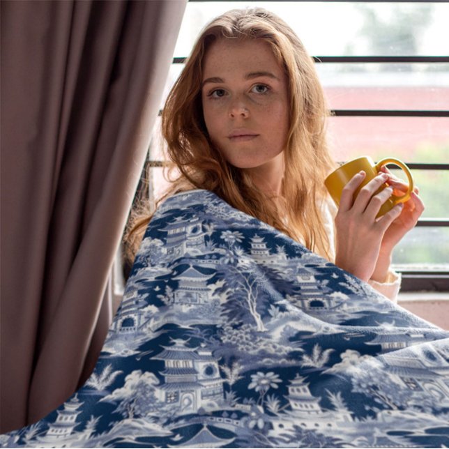 Couverture Chinoiserie Paysage Peinture Bleu Blanc (Créateur téléchargé)