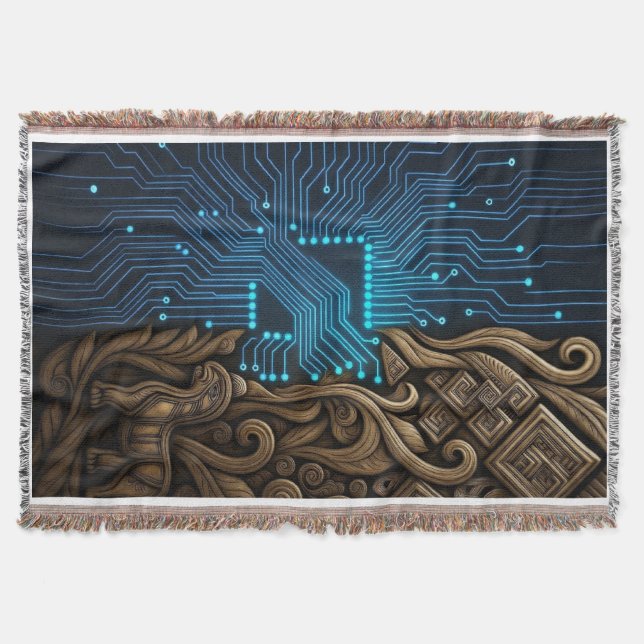 Couverture Circuit imprimé bleu sur bois tribal (Devant)