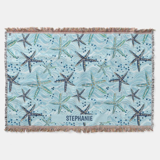 Couverture Clair bleu et or Starfish sur Ocean Wave Motif (Devant)