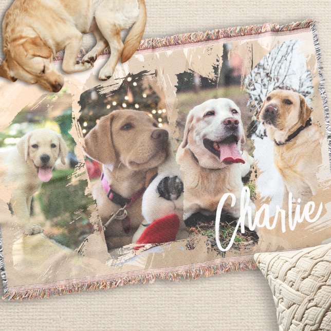 Couverture Collage de photos de compagnie Photo Journey Objet (From Puppy to Forever Photo Keepsake Journey | 4 Photos Through the Years |  Woven Blanket Pet Decor)