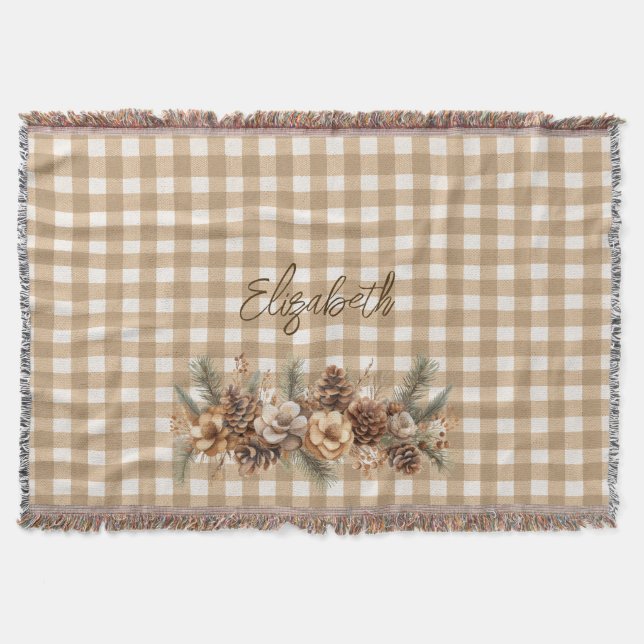 Couverture Cônes de pin automnaux rustiques Gingham marron Pe (Devant)
