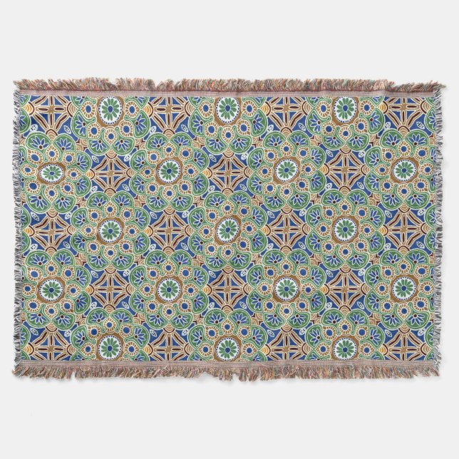 Couverture Coton Lance Blanche avec frange, design Medallion (Devant)