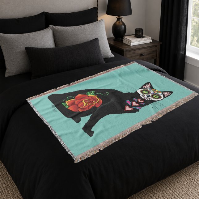 Couverture Crâne de Sucre Chat Noir Rose Turquoise Cœur (Créateur téléchargé)