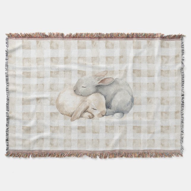 Couverture Cute Cream Grey Sleeping Bunnies Plaid (Devant)