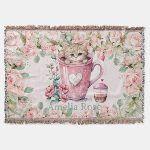 Couverture Cute Kitten Chat en Coupe Fleurs Roses Roses Roses