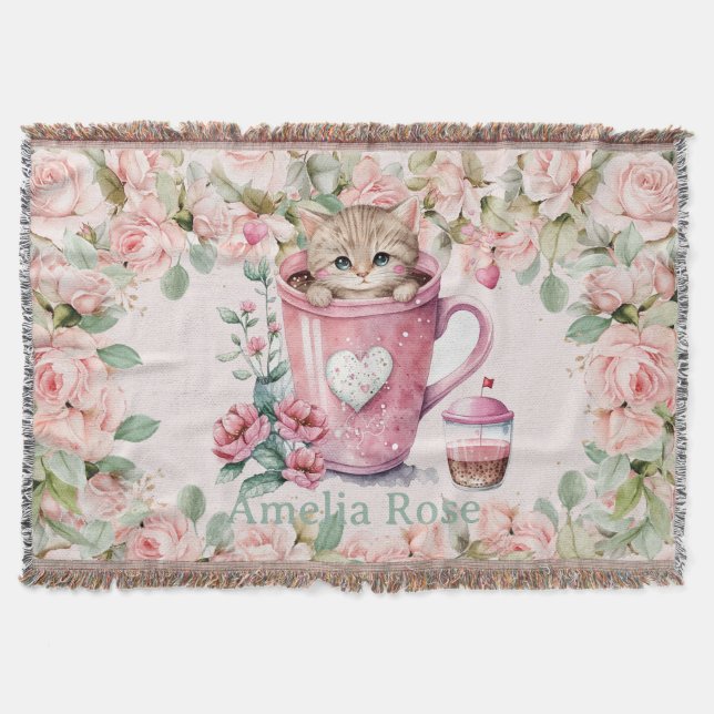 Couverture Cute Kitten Chat en Coupe Fleurs Roses Roses Roses (Devant)