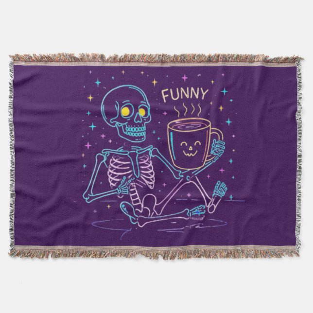 Couverture Cute Neon Skeleton Drinking Coffee – Funny Pastel  (Devant)