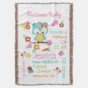 Couverture Cute Woodland Owl Baby Girl Birth Record Statistiq